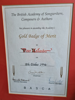 BASCA Gold Badge Award Certificate